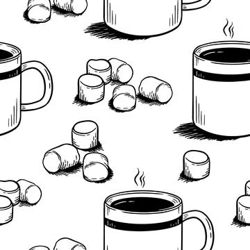 Pattern with coffee mugs and marshmallows in doodle style on a white background Stock Illustration