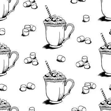 Pattern with coffee mugs and marshmallows in doodle style on a white background Stock Illustration