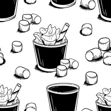 Pattern with coffee mugs and marshmallows in doodle style on a white background Stock Illustration