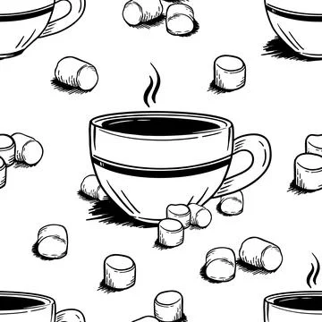 Pattern with coffee mugs and marshmallows in doodle style on a white background Stock Illustration