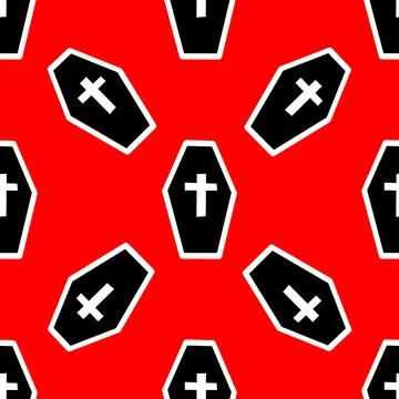 Pattern with coffins and crosses on a red backdrop Stock Illustration