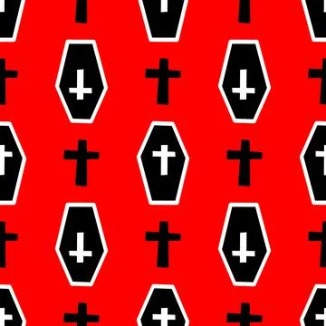 Pattern with coffins and crosses on a red backdrop Illustrazione stock