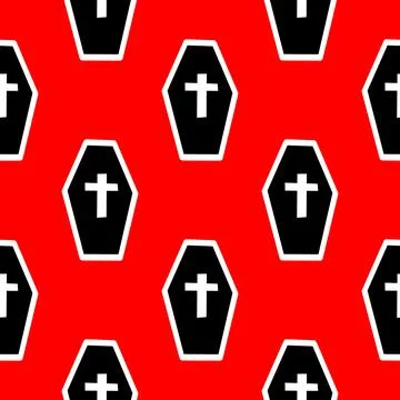 Pattern with coffins and crosses on a red backdrop Stockillustratie