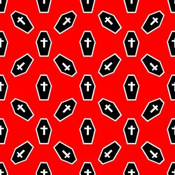 Pattern with coffins and on a red backdrop Stock Illustration