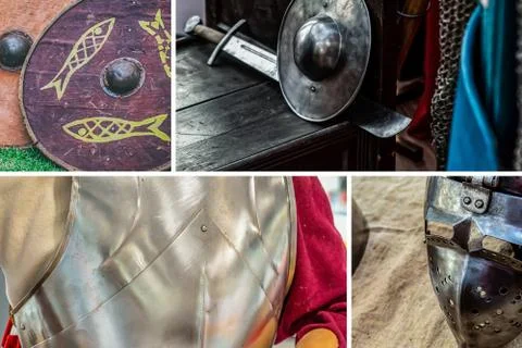 Pattern collage weapons and protection of a medieval warrior, red shield, iro Stock Photos