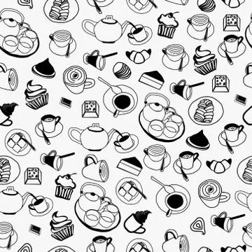 Pattern of collection set with teapot, coffee, cups,  piece of cake Stock Illustration