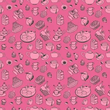 Pattern of collection set with teapot, coffee, cups,  piece of cake and other Stock Illustration