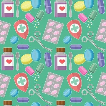 Pattern with color elements of pills, bottle of syrup, shield and scissors Stockillustratie