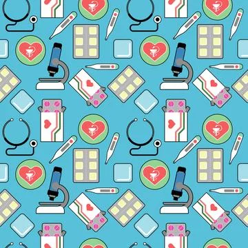 Pattern with color medical elements of pills blisters, sthetoscope, microscope Stockillustratie