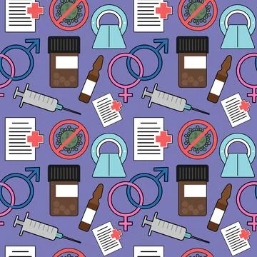 Pattern with color medical elements of syringe, pills, recipe, mrt, stop virus 스톡 일러스트