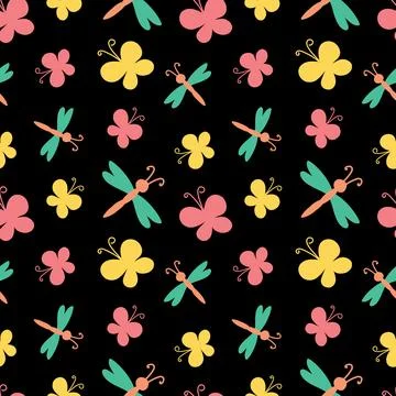 Pattern of colored butterflies and dragonflies on black Illustrazione stock
