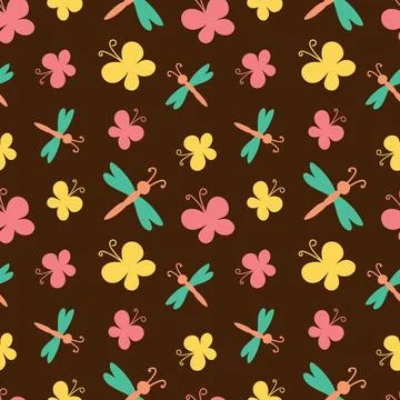 Pattern of colored butterflies and dragonflies on braun Stock Illustration