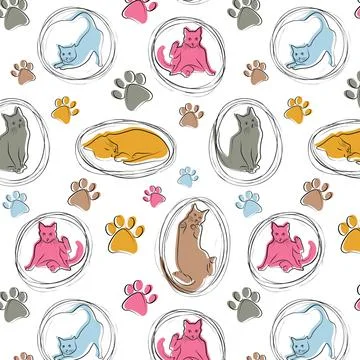 Pattern with colored cats and paws Illustrazione stock