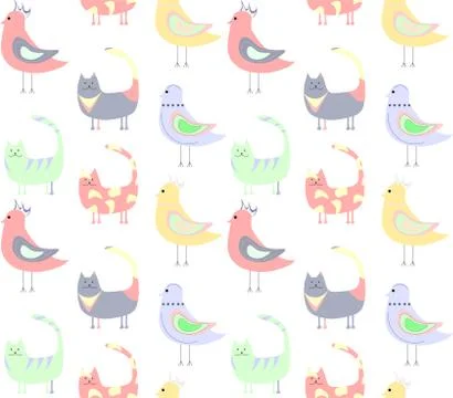 Pattern of colored cats, birds on a white background Illustrazione stock