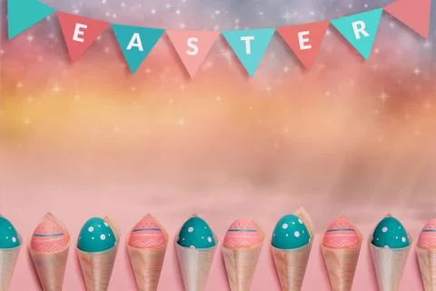 Pattern with colored decorated eggs in bamboo cones look like ice cream and Stock Photos