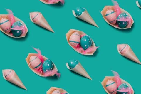 Pattern with colored decorated eggs in bamboo cones look like ice cream and boat Stock Photos