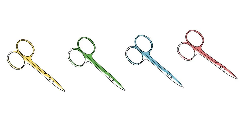 Pattern of colored scissors on a white isolated background. Stock image. Stock Illustration