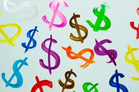 Pattern from colored symbols of dollar, background from watercolor paints Stock Photos