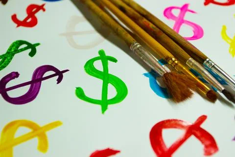 Pattern from colored symbols of dollar, background from watercolor paints Stock Photos