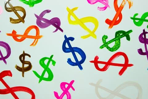 Pattern from colored symbols of dollar, background from watercolor paints Stock Photos