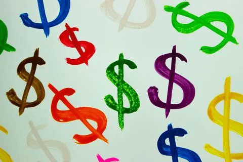 Pattern from colored symbols of dollar, background from watercolor paints Stock Photos