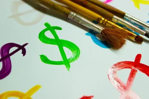 Pattern from colored symbols of dollar, background from watercolor paints Stock Photos