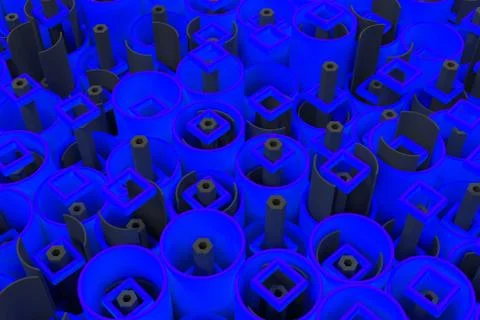 Pattern of colored tubes, repeated square elements, black hexagons and surfac Stock Illustration