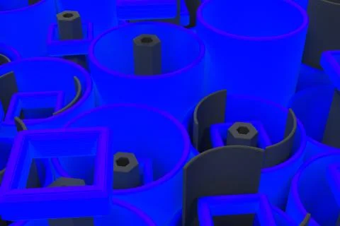 Pattern of colored tubes, repeated square elements, black hexagons and surfac Stock Illustration