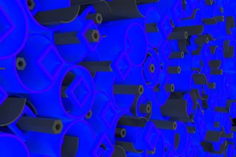 Pattern of colored tubes, repeated square elements, black hexagons and surfac Stock Illustration