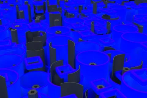 Pattern of colored tubes, repeated square elements, black hexagons and surfac Stock Illustration