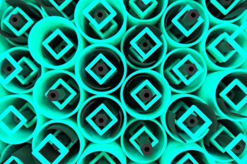 Pattern of colored tubes, repeated square elements, black hexagons and surfac Stockillustratie