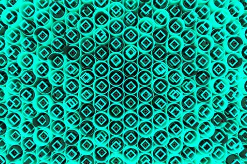 Pattern of colored tubes, repeated square elements, black hexagons and surfac Stock Illustration