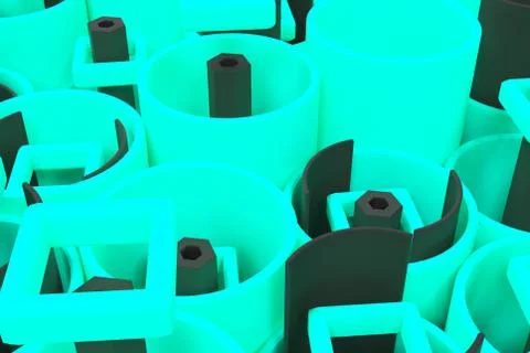 Pattern of colored tubes, repeated square elements, black hexagons and surfac Stock Illustration