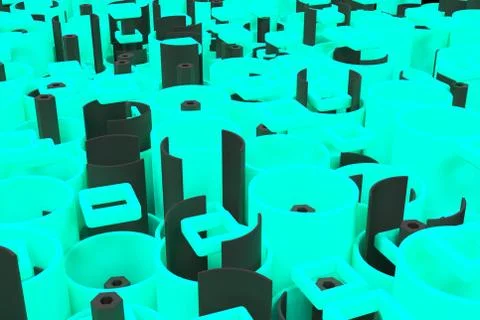 Pattern of colored tubes, repeated square elements, black hexagons and surfac Stock Illustration