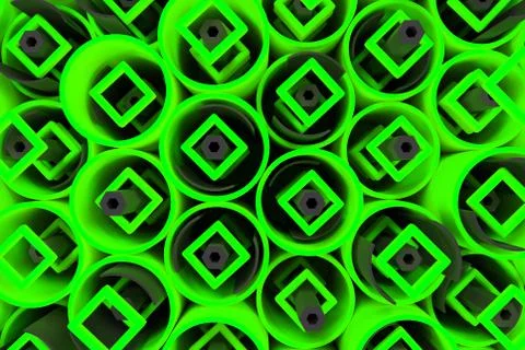 Pattern of colored tubes, repeated square elements, black hexagons and surfac Stock Illustration