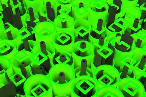 Pattern of colored tubes, repeated square elements, black hexagons and surfac Stock Illustration