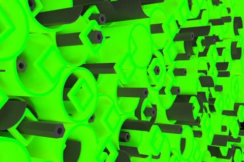 Pattern of colored tubes, repeated square elements, black hexagons and surfac Stock Illustration