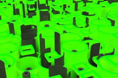 Pattern of colored tubes, repeated square elements, black hexagons and surfac Stock Illustration