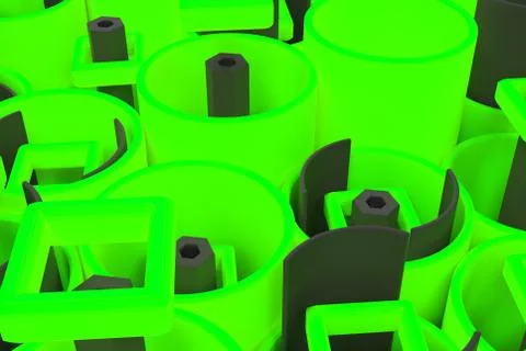 Pattern of colored tubes, repeated square elements, black hexagons and surfac Stock Illustration