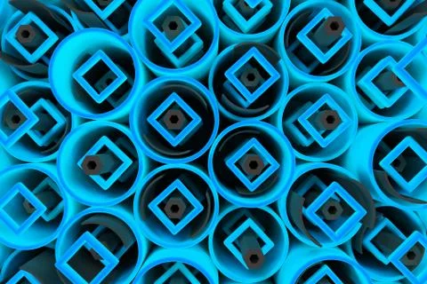 Pattern of colored tubes, repeated square elements, black hexagons and surfac Stock Illustration
