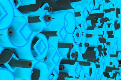 Pattern of colored tubes, repeated square elements, black hexagons and surfac 스톡 일러스트