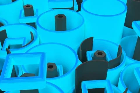Pattern of colored tubes, repeated square elements, black hexagons and surfac Stockillustratie