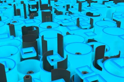 Pattern of colored tubes, repeated square elements, black hexagons and surfac Stockillustratie