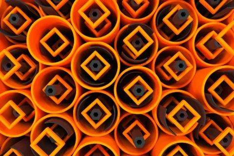 Pattern of colored tubes, repeated square elements, black hexagons and surfac Stock Illustration