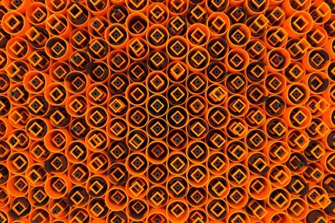 Pattern of colored tubes, repeated square elements, black hexagons and surfac Stockillustratie