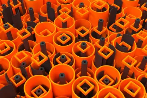 Pattern of colored tubes, repeated square elements, black hexagons and surfac Stock Illustration