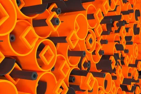 Pattern of colored tubes, repeated square elements, black hexagons and surfac Stock Illustration