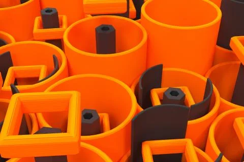 Pattern of colored tubes, repeated square elements, black hexagons and surfac Stock Illustration