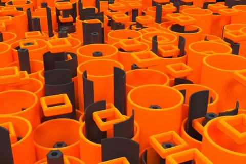 Pattern of colored tubes, repeated square elements, black hexagons and surfac Stock Illustration