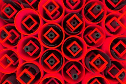 Pattern of colored tubes, repeated square elements, black hexagons and surfac Stockillustratie